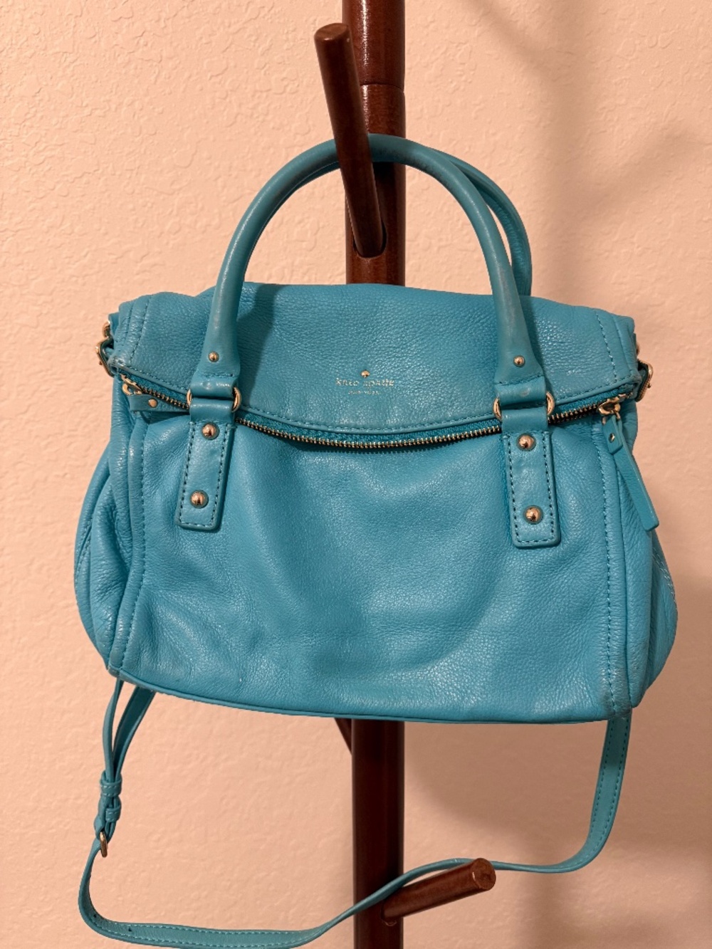 Kate Spade Turquoise Pebbled Leather Satchel Crossbody Bag Gold Hardware